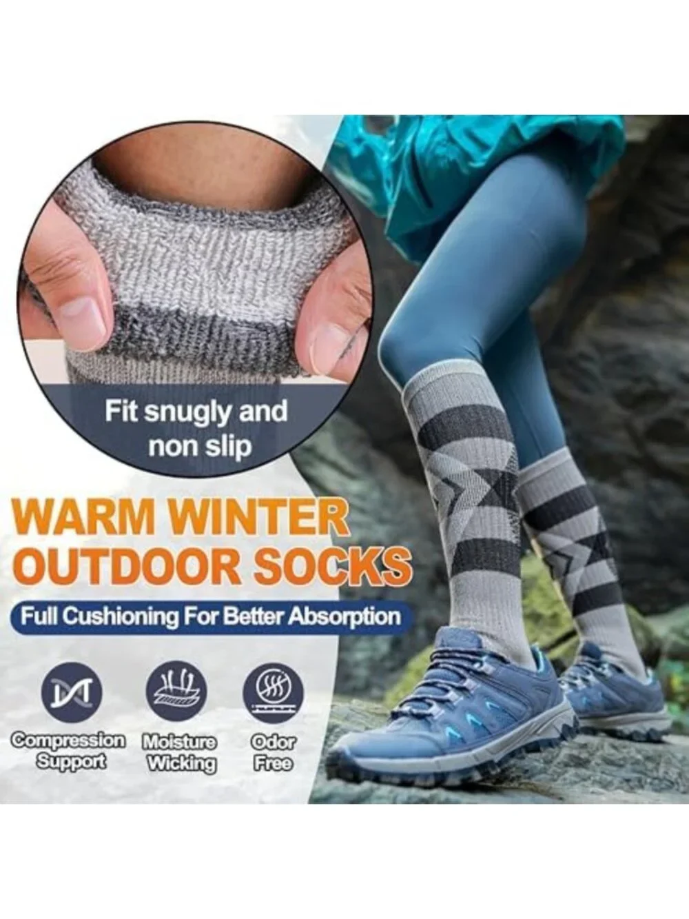 3 Pairs Thermal Merino Wool Ski Socks - Warm Thick Knee High for Winter Sports